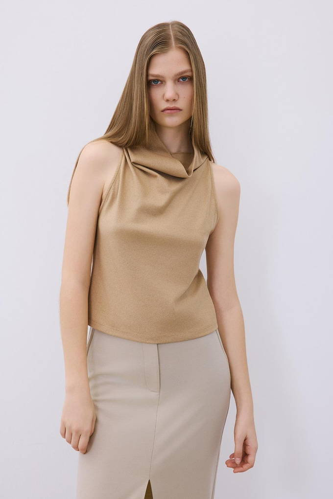 Draped Neck Wool Camel Blouse  