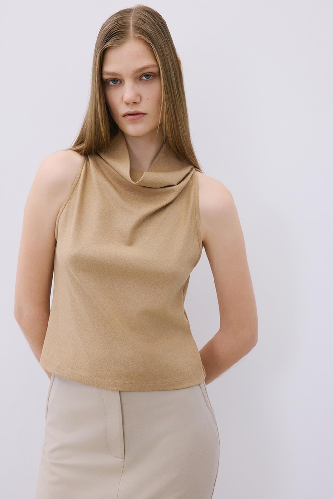 Draped Neck Wool Camel Blouse  