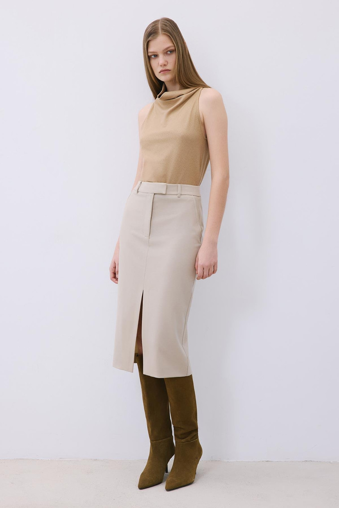 Draped Neck Wool Camel Blouse  