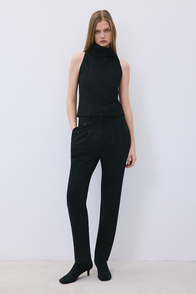 Draped Neck Wool Black Blouse  