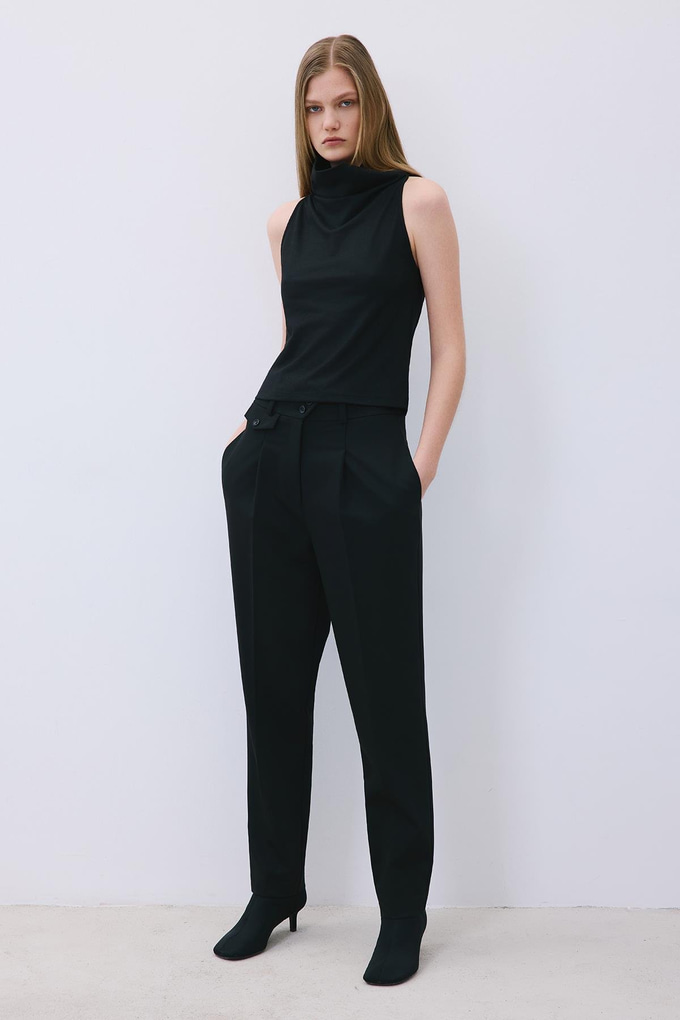Draped Neck Wool Black Blouse  
