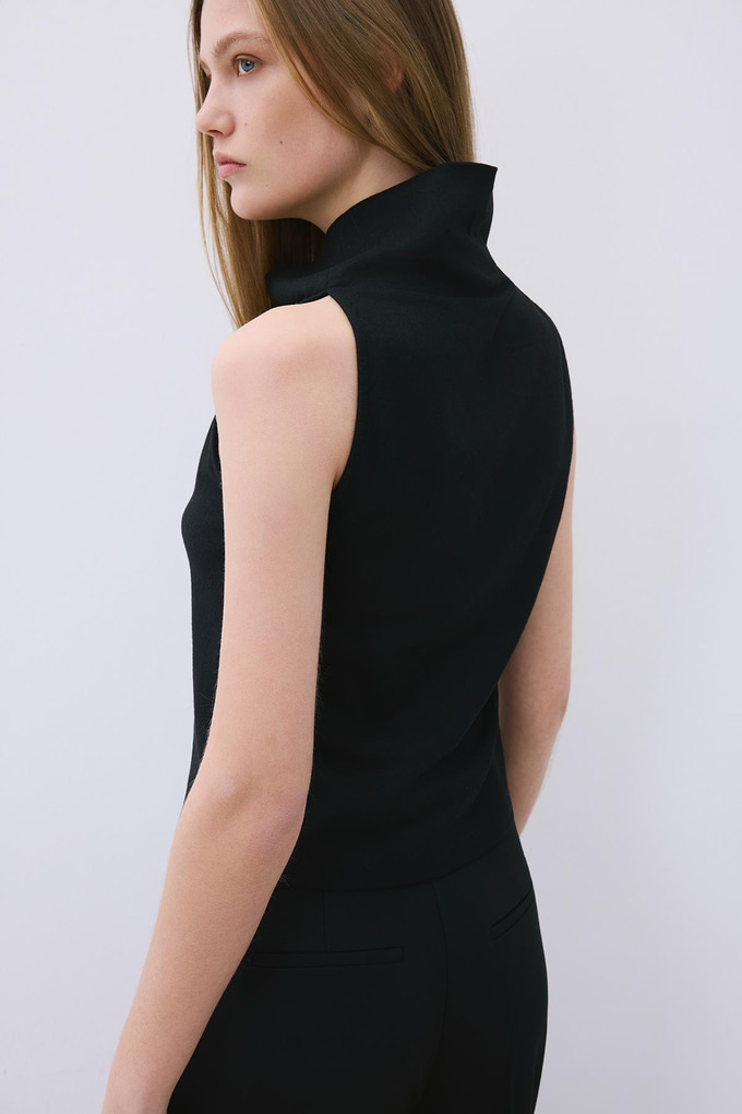 Draped Neck Wool Black Blouse  