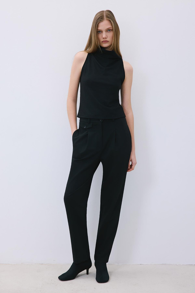 Draped Neck Wool Black Blouse  