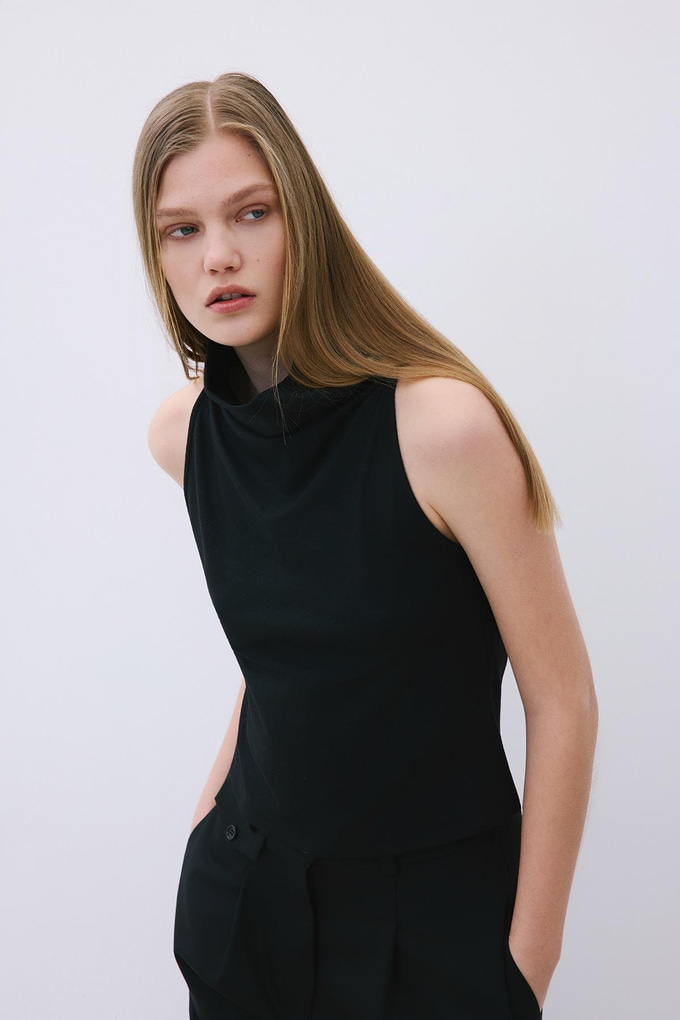 Draped Neck Wool Black Blouse  