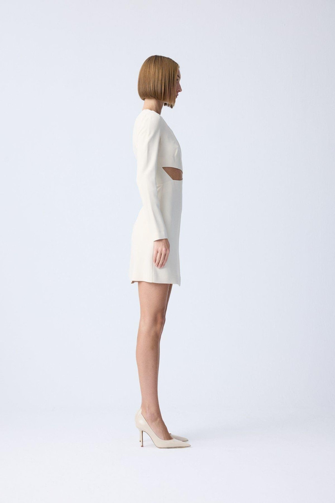 Cutout Detail Crew Neck Ecru Mini Dress