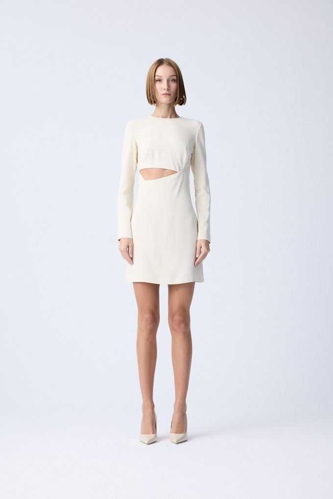 Cutout Detail Crew Neck Ecru Mini Dress