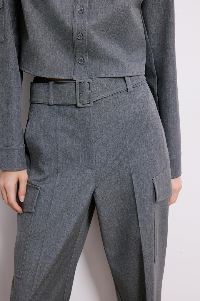 Denim Dokulu Gri Kargo Pantolon