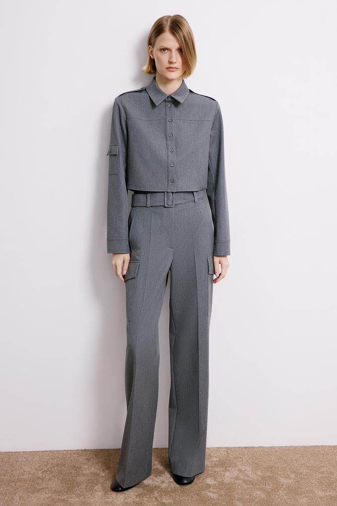 Denim Dokulu Gri Kargo Pantolon