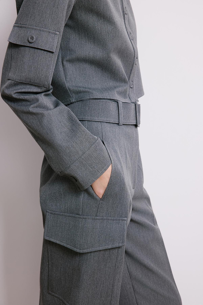 Denim Dokulu Gri Kargo Pantolon