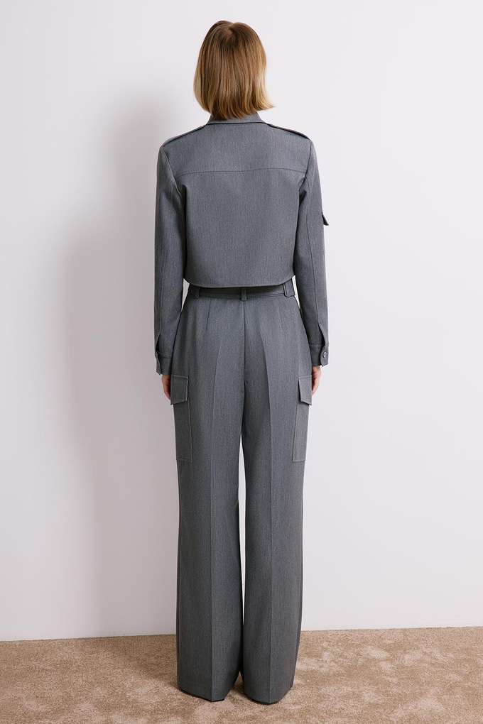 Denim Dokulu Gri Kargo Pantolon