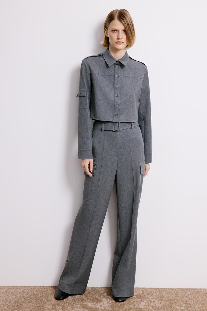 Denim Dokulu Gri Kargo Pantolon