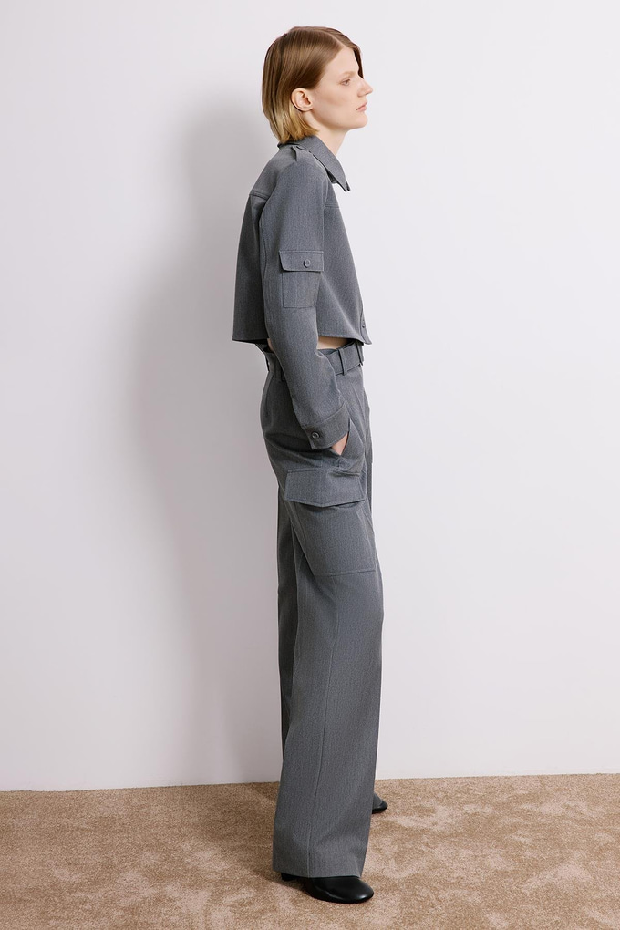 Denim Dokulu Gri Kargo Pantolon