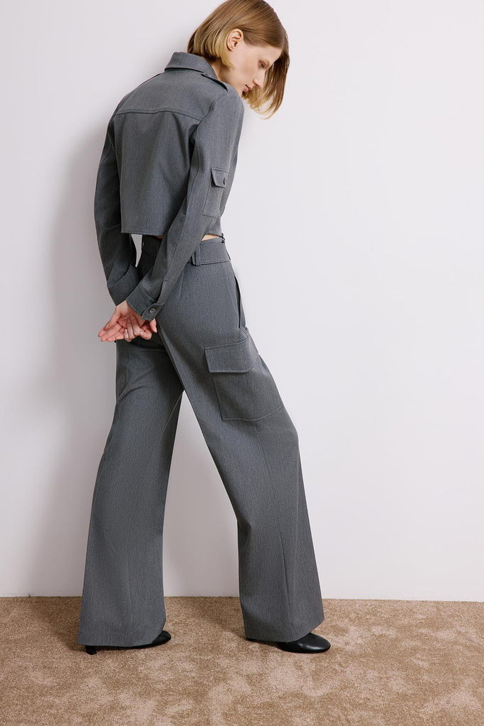 Denim Dokulu Gri Kargo Pantolon