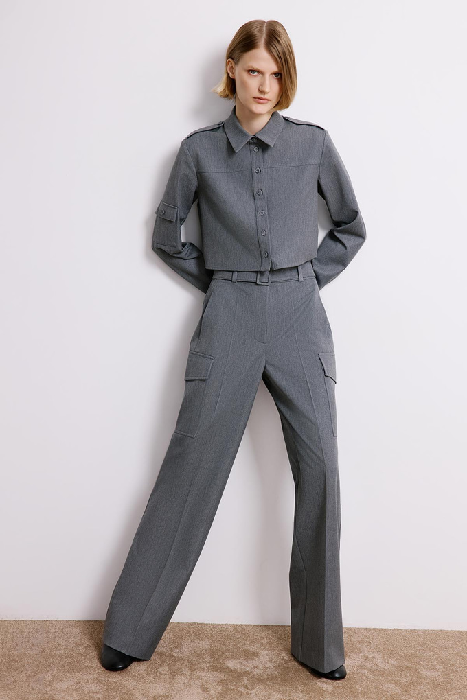 Denim Dokulu Gri Kargo Pantolon
