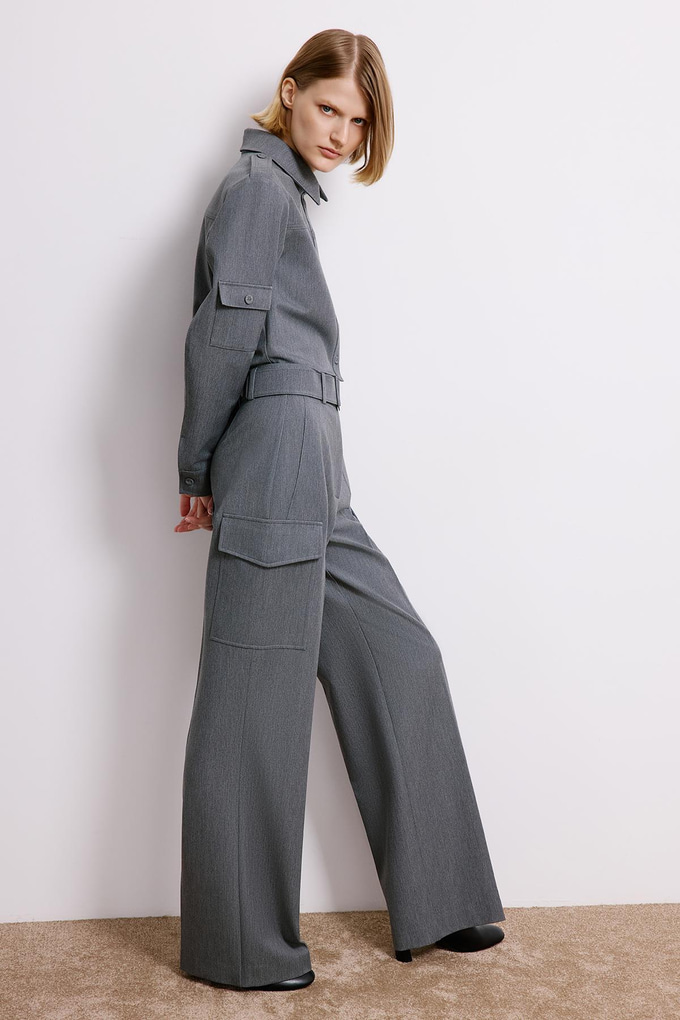 Denim Dokulu Gri Kargo Pantolon