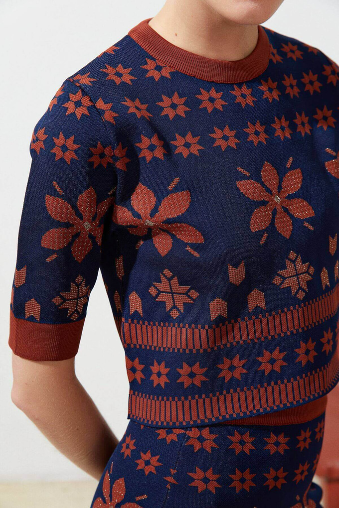 Desenli Crop Bluz