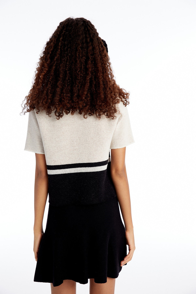 Desenli Crop Siyah Triko T-Shirt