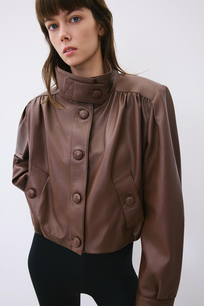 Brown Cropped Genuine Leather Jacket