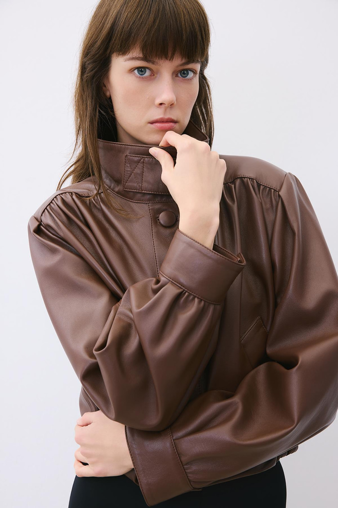 Brown Cropped Genuine Leather Jacket