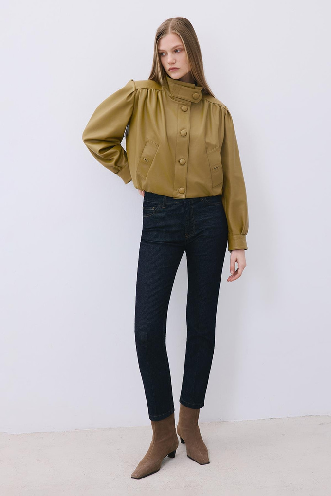 Olive Cropped Genuine Leather Jacket