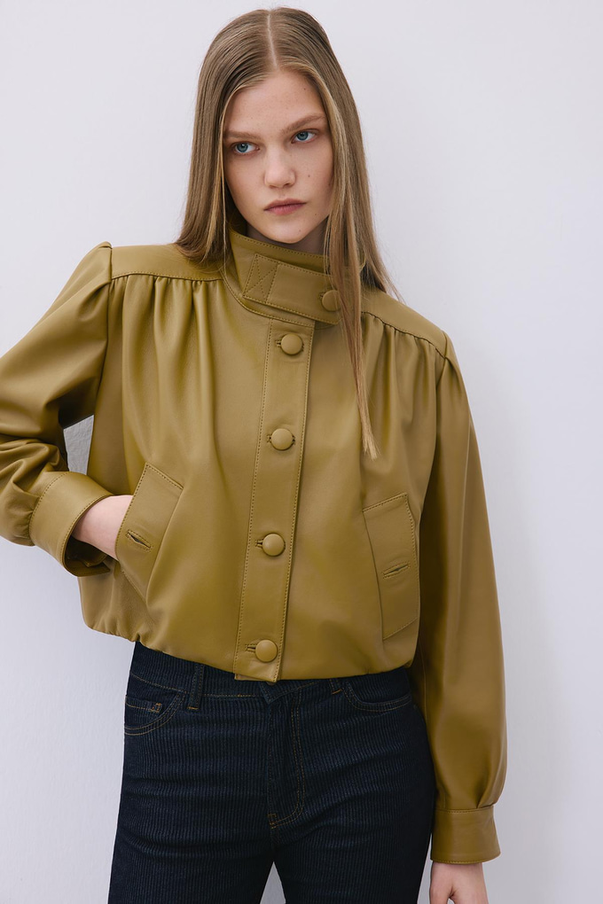 Olive Cropped Genuine Leather Jacket