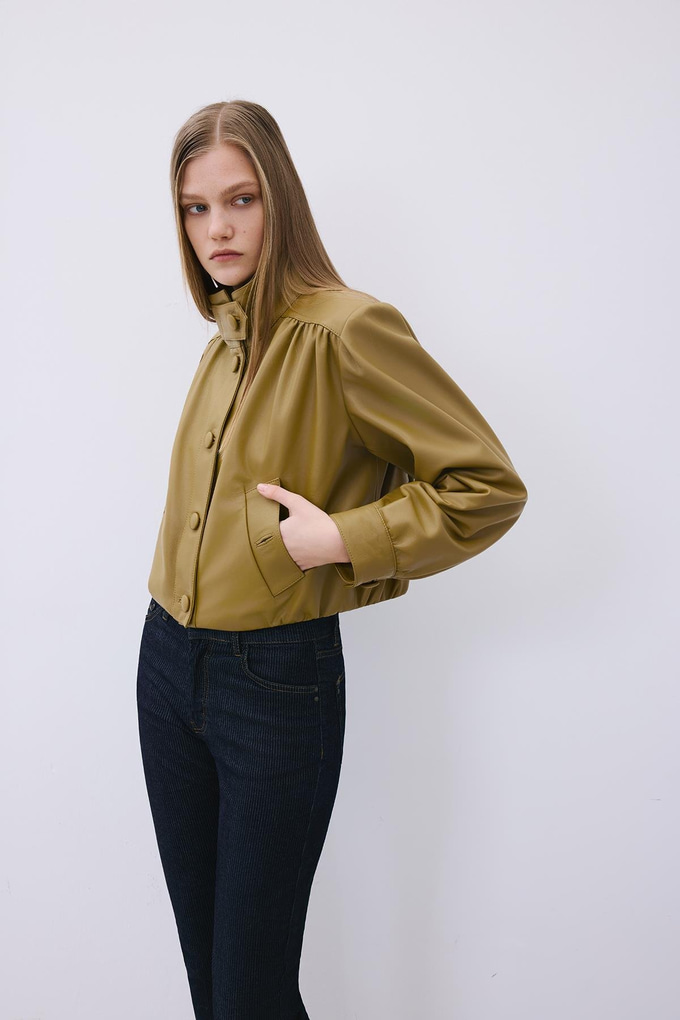 Olive Cropped Genuine Leather Jacket