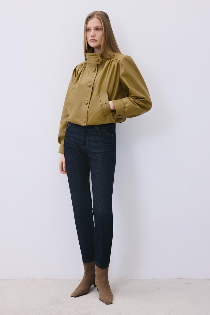 Olive Cropped Genuine Leather Jacket