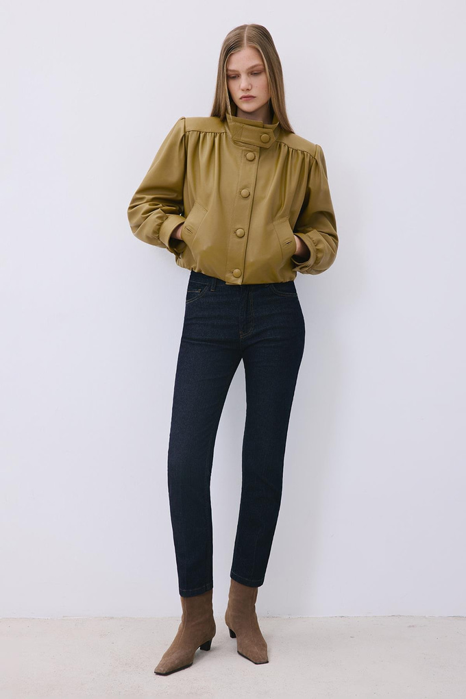 Olive Cropped Genuine Leather Jacket