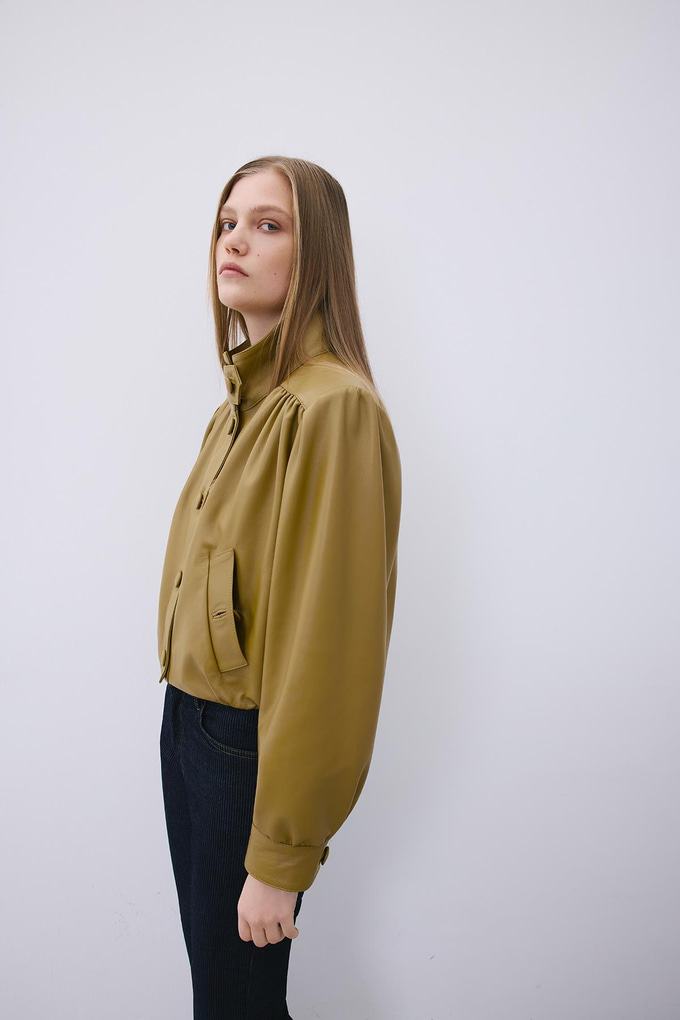 Olive Cropped Genuine Leather Jacket