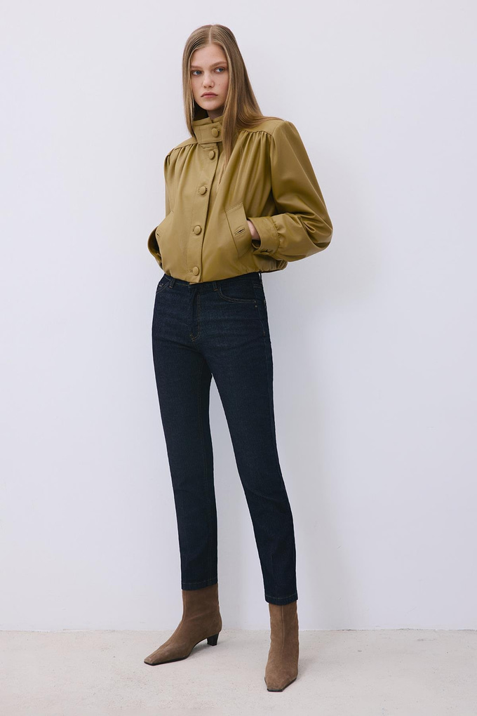 Olive Cropped Genuine Leather Jacket