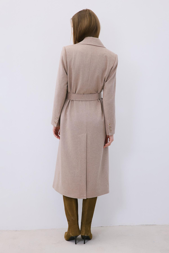 Beige Cashmere Midi Coat with Stitch Details