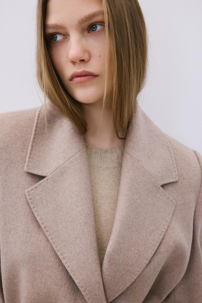 Beige Cashmere Midi Coat with Stitch Details