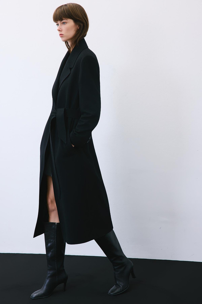 Black Cashmere Midi Coat with Stitch Details