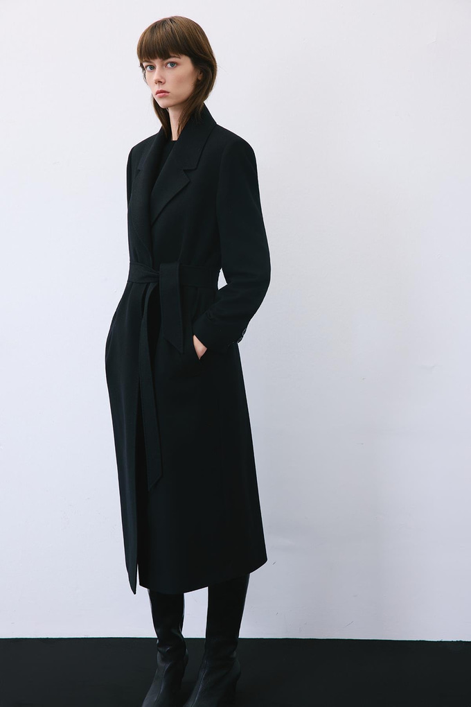 Black Cashmere Midi Coat with Stitch Details