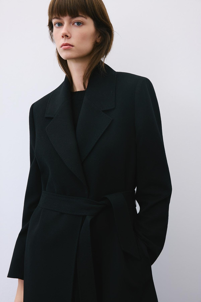 Black Cashmere Midi Coat with Stitch Details