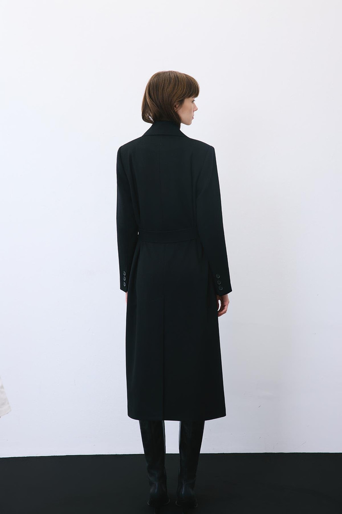 Black Cashmere Midi Coat with Stitch Details