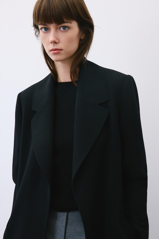 Black Cashmere Midi Coat with Stitch Details
