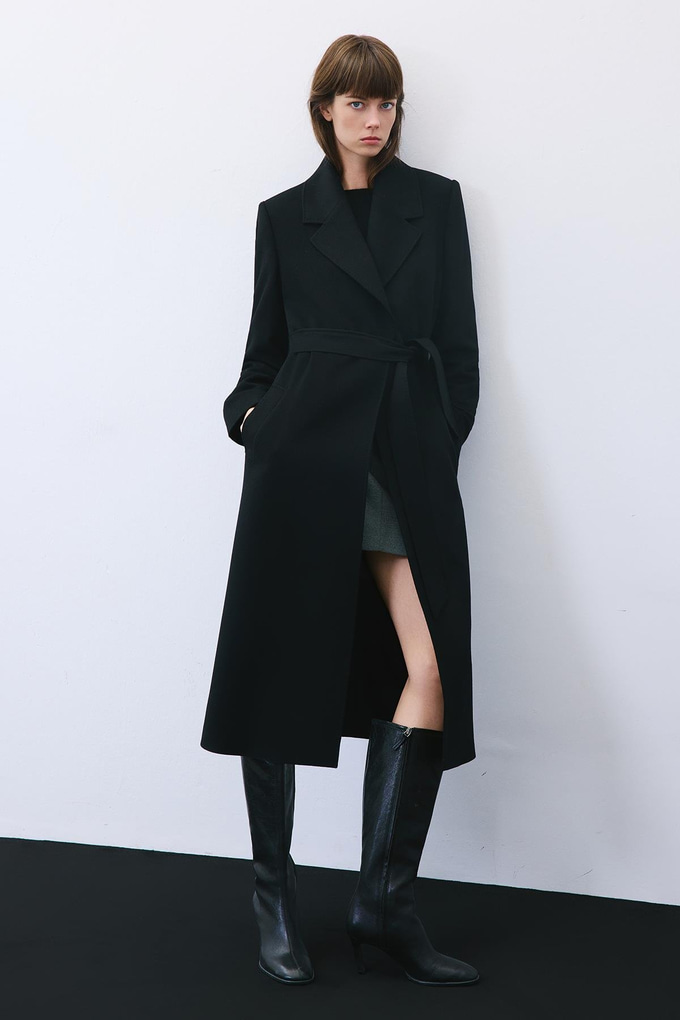 Black Cashmere Midi Coat with Stitch Details