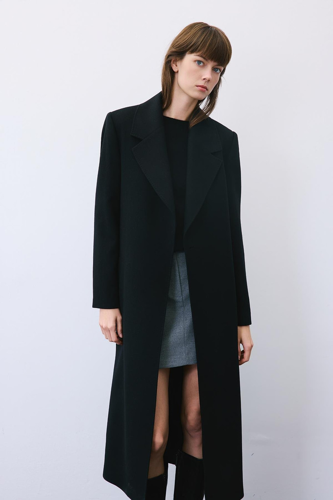 Black Cashmere Midi Coat with Stitch Details