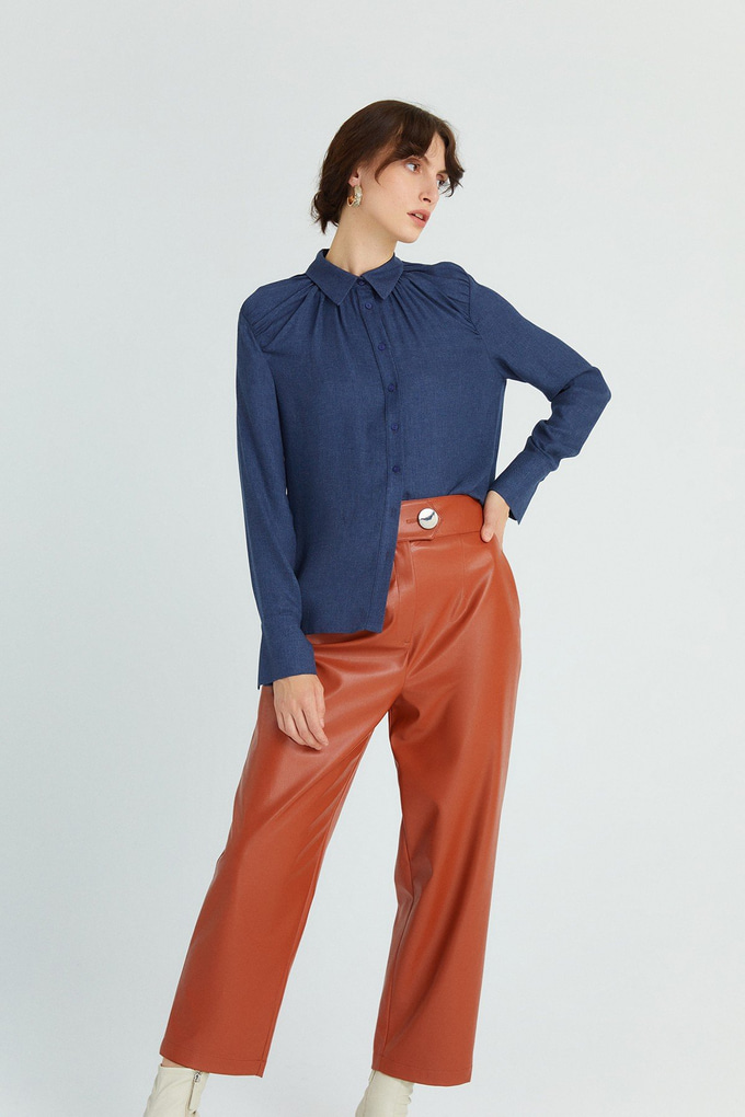 Shirt With Draped Neckline  Navy Blue