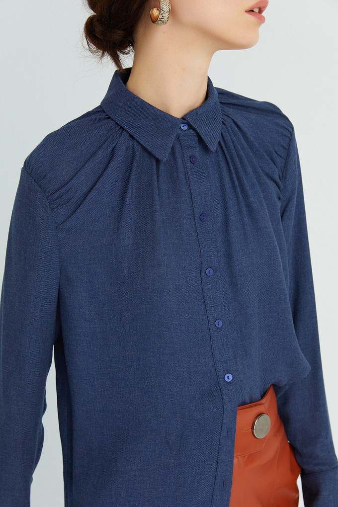 Shirt With Draped Neckline  Navy Blue