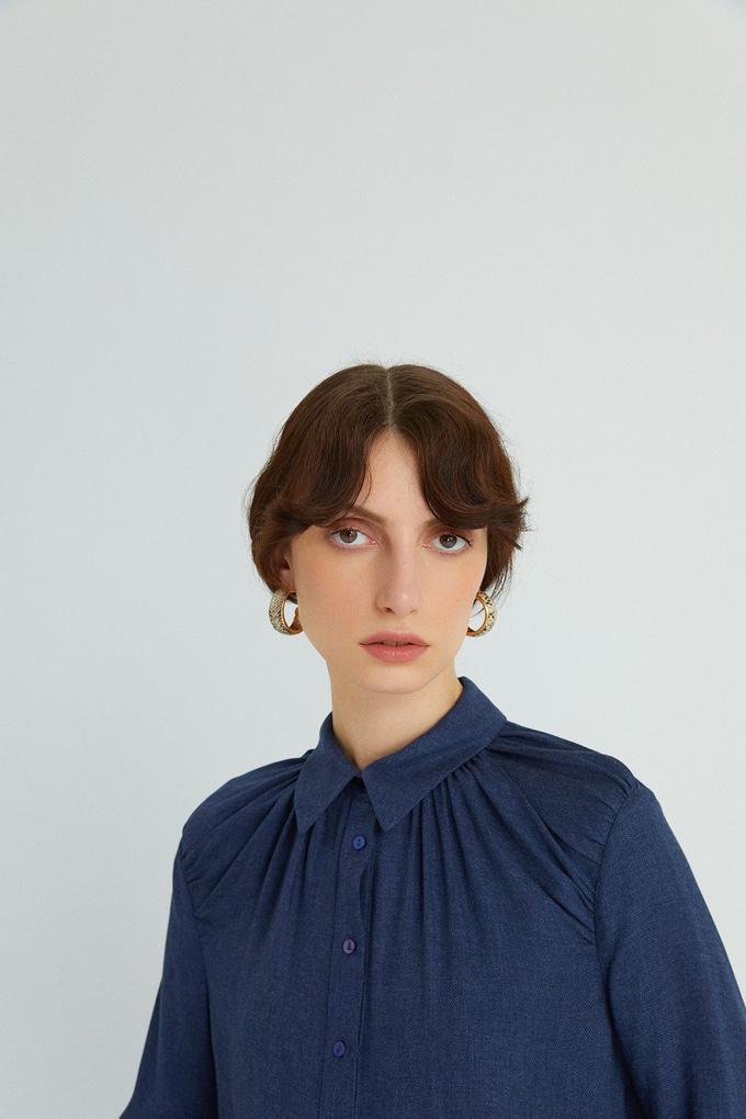 Shirt With Draped Neckline  Navy Blue