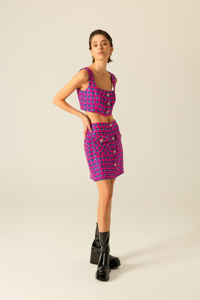 Düğme Detaylı Kare Yaka Fuşya Tüvit Büstiyer