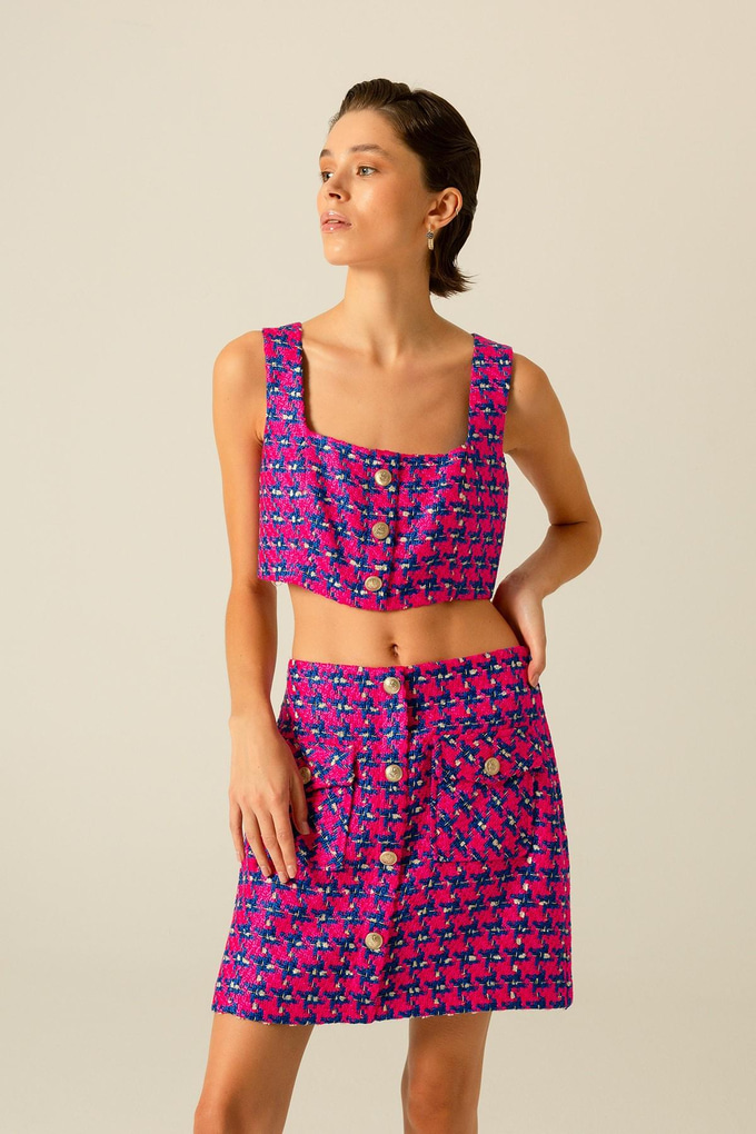 Düğme Detaylı Kare Yaka Fuşya Tüvit Büstiyer