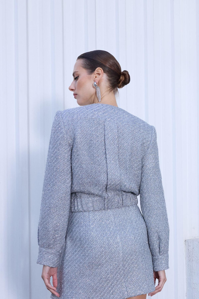 Button Detailed Shimmery Grey Short Jacket