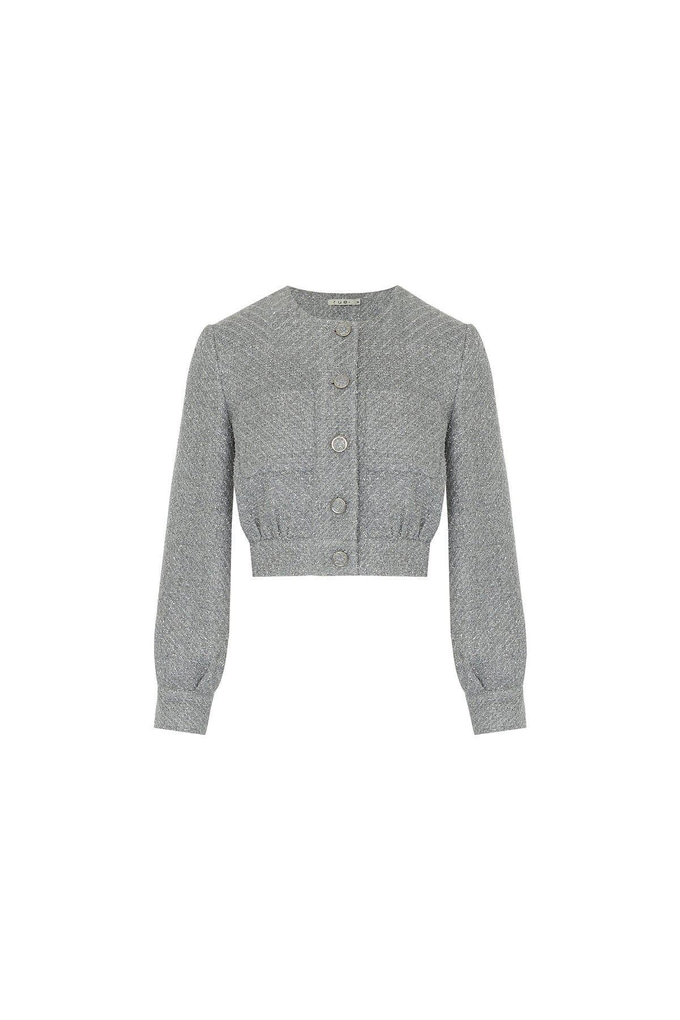 Button Detailed Shimmery Grey Short Jacket