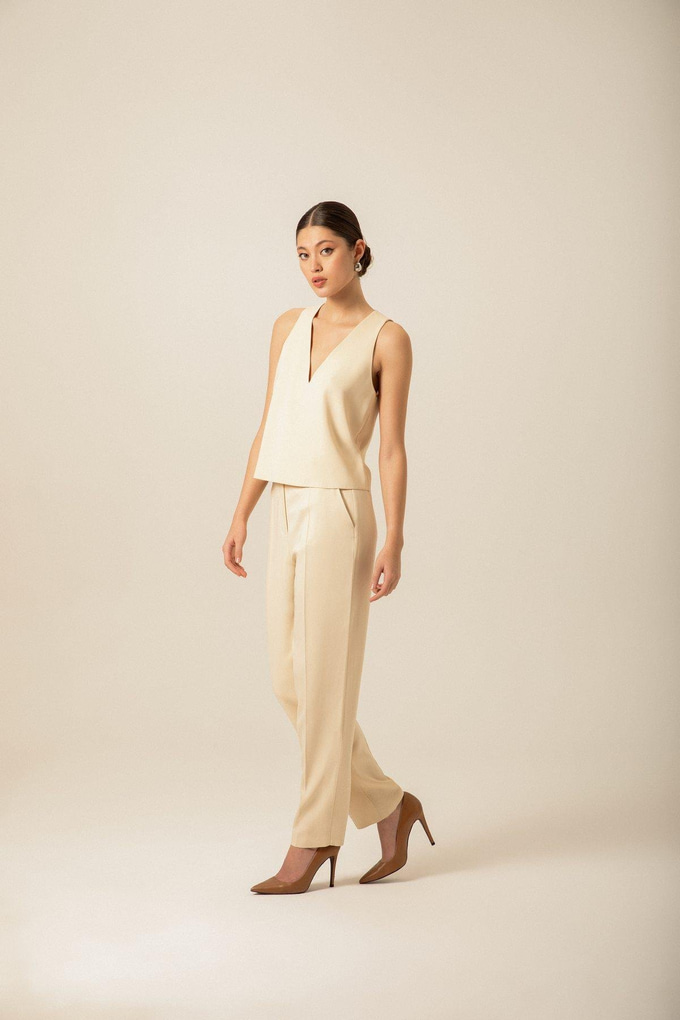 Fermuar Detaylı V Yaka Ekru Bluz