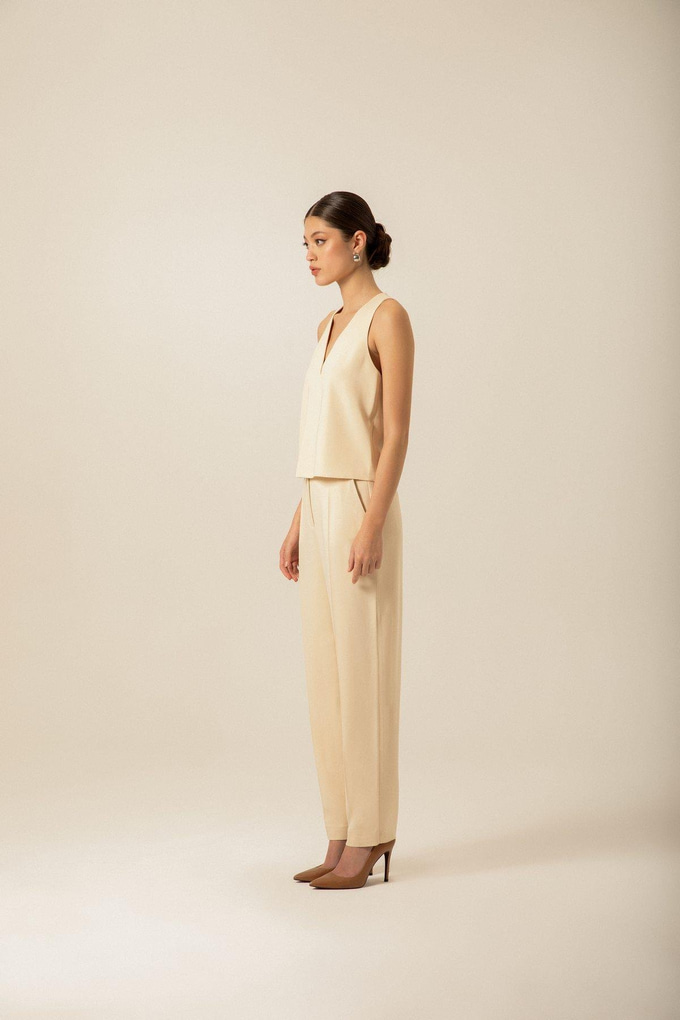 Fermuar Detaylı V Yaka Ekru Bluz