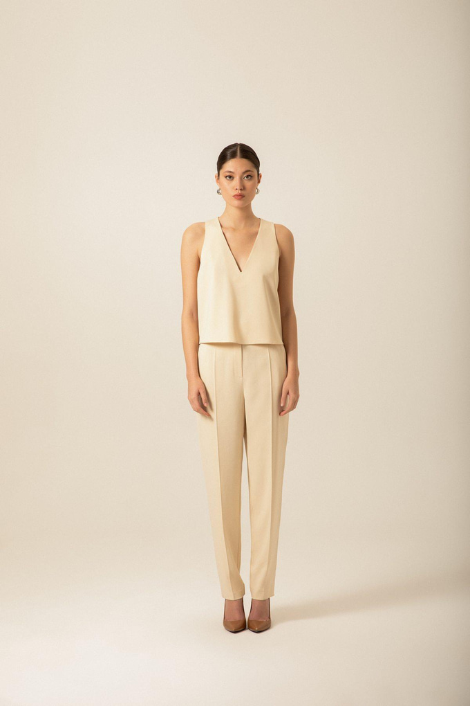 Fermuar Detaylı V Yaka Ekru Bluz