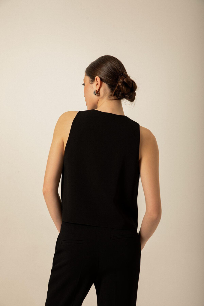 Fermuar Detaylı V Yaka Siyah Bluz